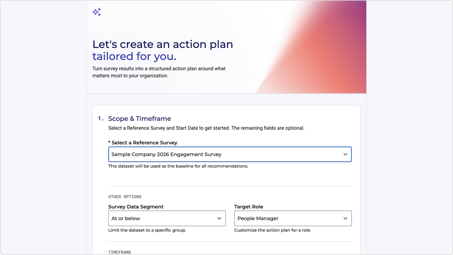 Action Plan Builder screen for creating an action plan tailored to survey results